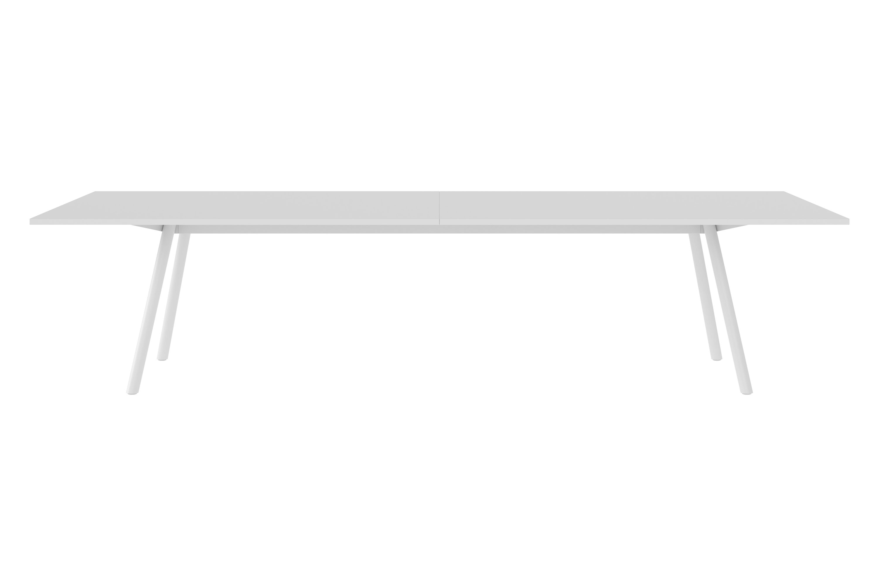 New Tendency Masa Tischplatte, weißer Esstisch mit minimalistischem Design und schrägen Tischbeinen.