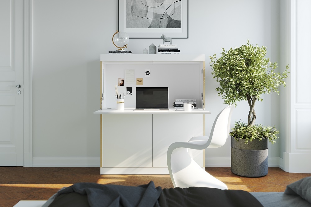 FLAI Home-Office Sekretär von Müller Möbelwerkstätten, weißer Schreibtisch mit Laptop und Büromaterial im modernen Arbeitszimmer.