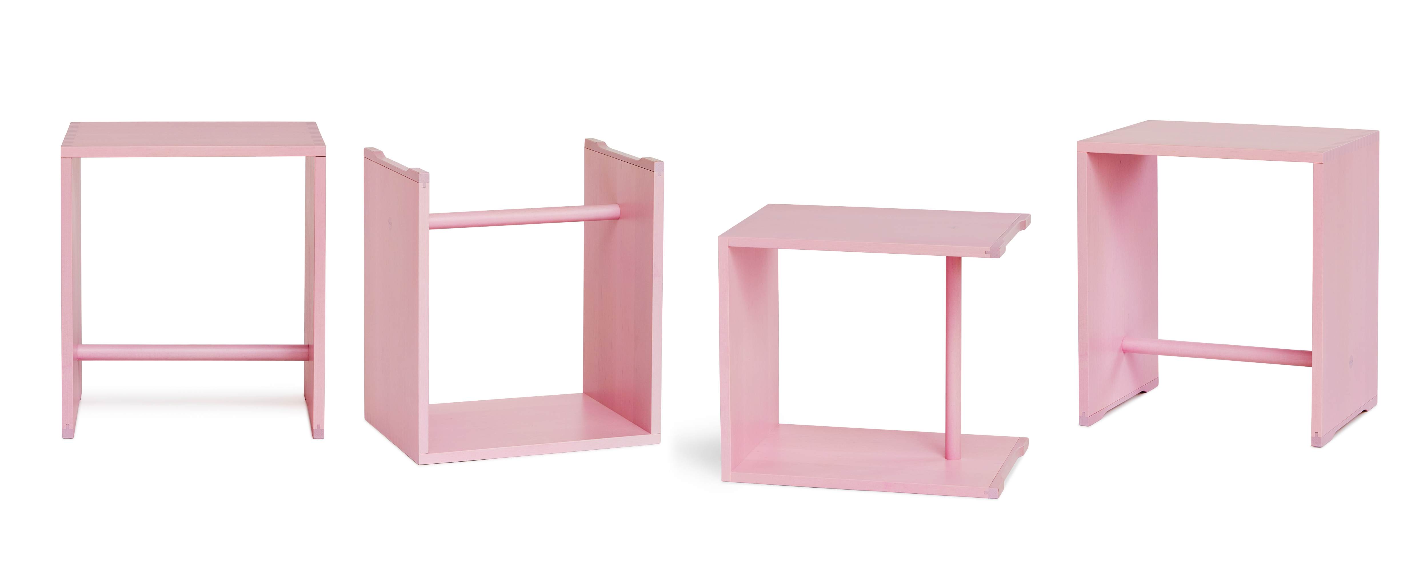 Ulmer Hocker Max Bill Rosa Limited Edition, vier Ansichten des Hockers, modernes Möbeldesign.