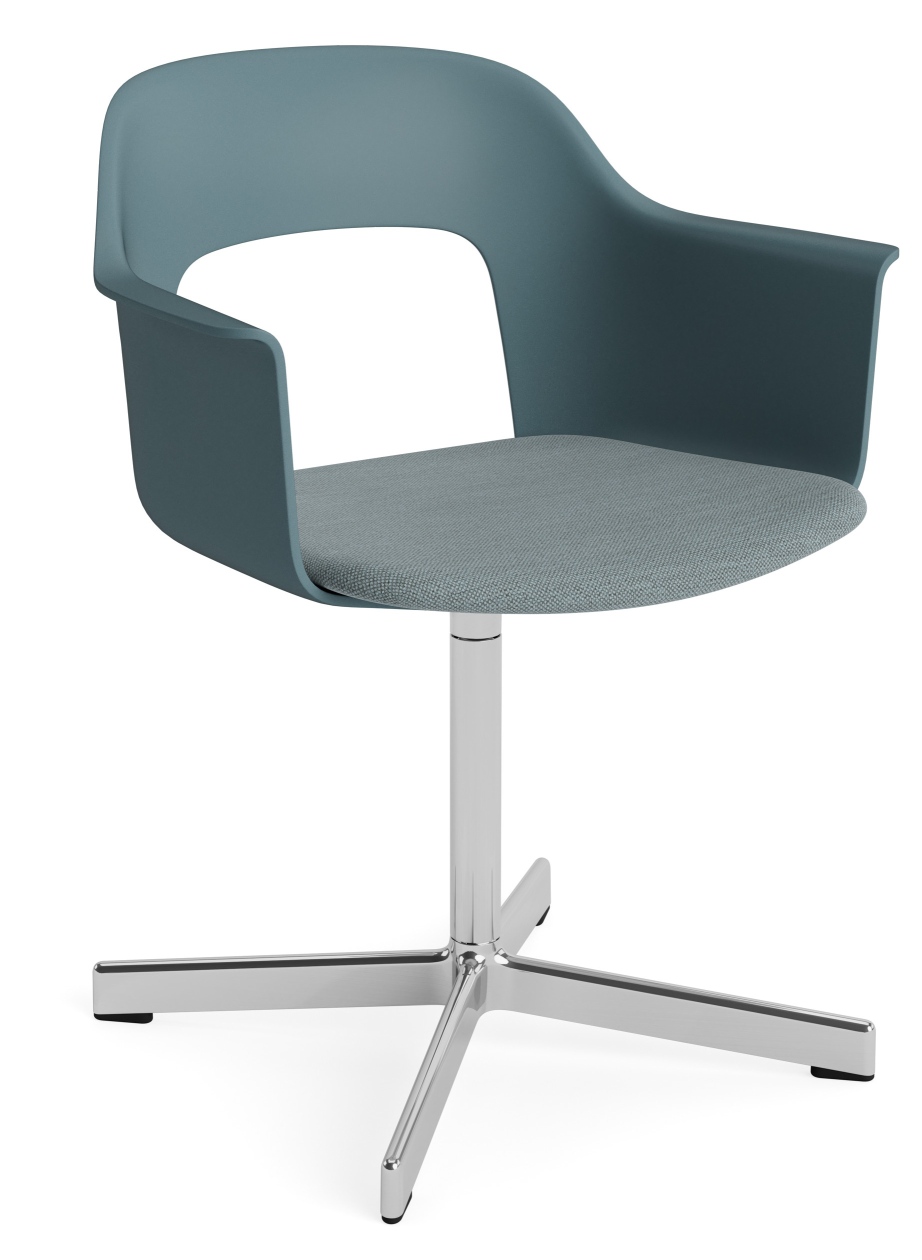 Layout Armchair 233 von Hay: Blauer Bürostuhl mit Armlehne, Drehfuß und grauem Sitzpolster.