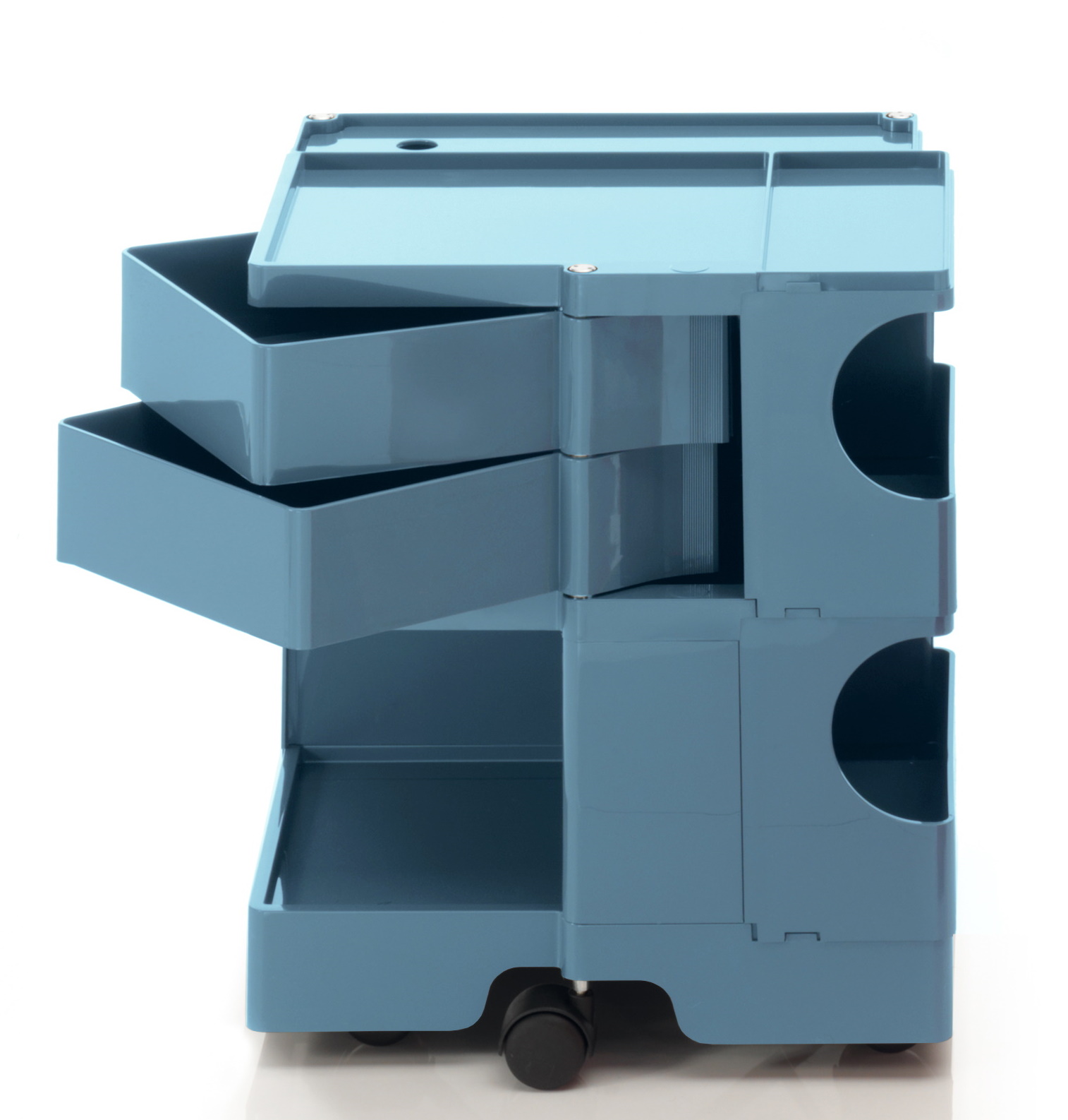 Blauer Boby Rollcontainer mit Schubladen und Ablageflächen, mobiles Ordnungssystem für Büro und Zuhause.