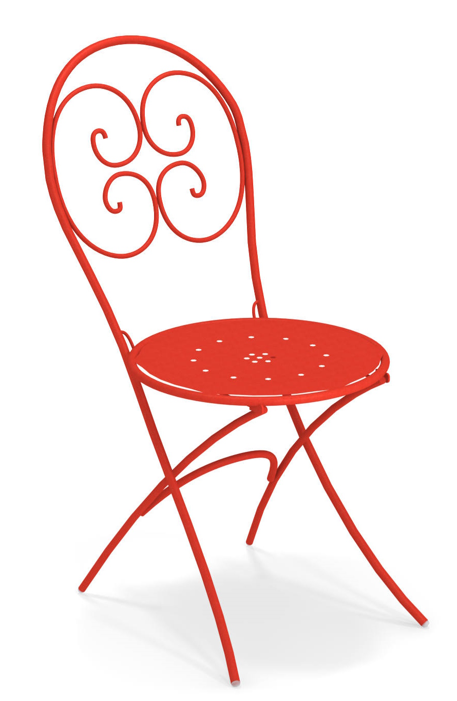 Roter Pigalle Klappstuhl von Emu für den Garten oder Balkon, filigranes Metallgestell.