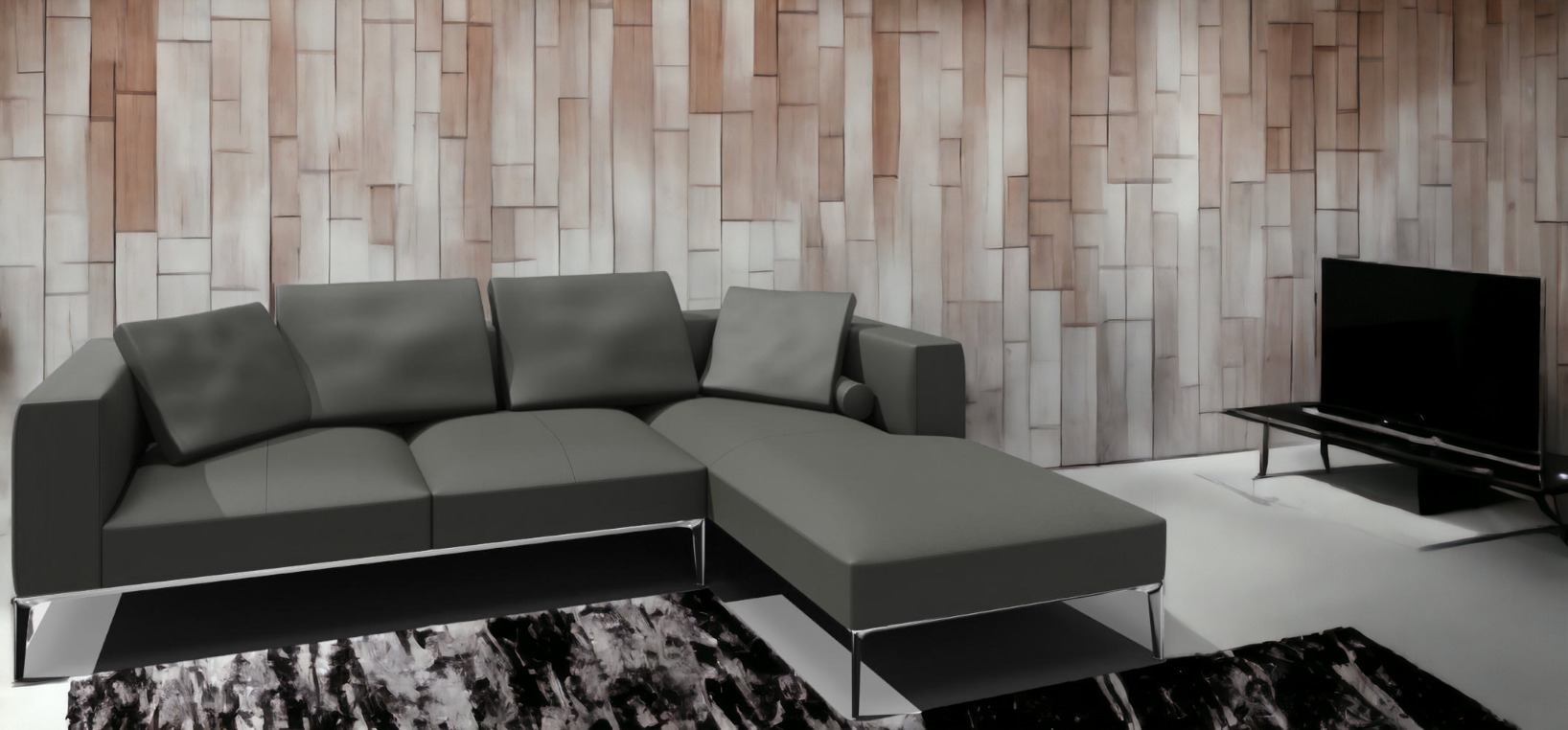 Jaan Living Sofa: Graues 3-Sitzer Sofa mit Kissen und Chromfüßen. Moderne Wohnzimmermöbel.