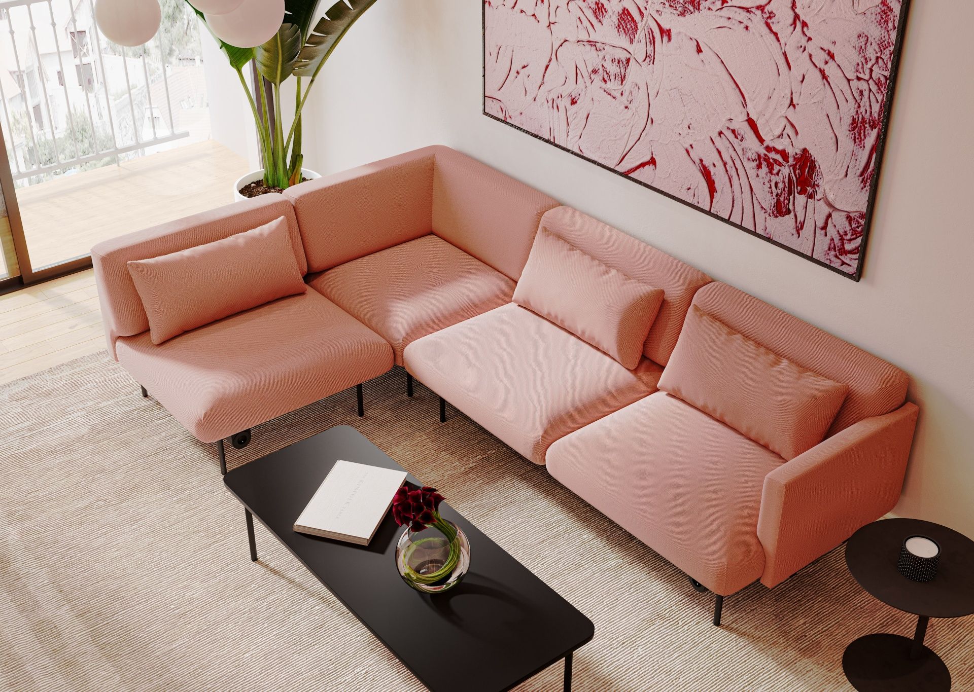 Rosa fora FR 422 Sofa 2-Sitzer von Bejot im modernen Wohnzimmer mit Couchtisch und Dekoration.