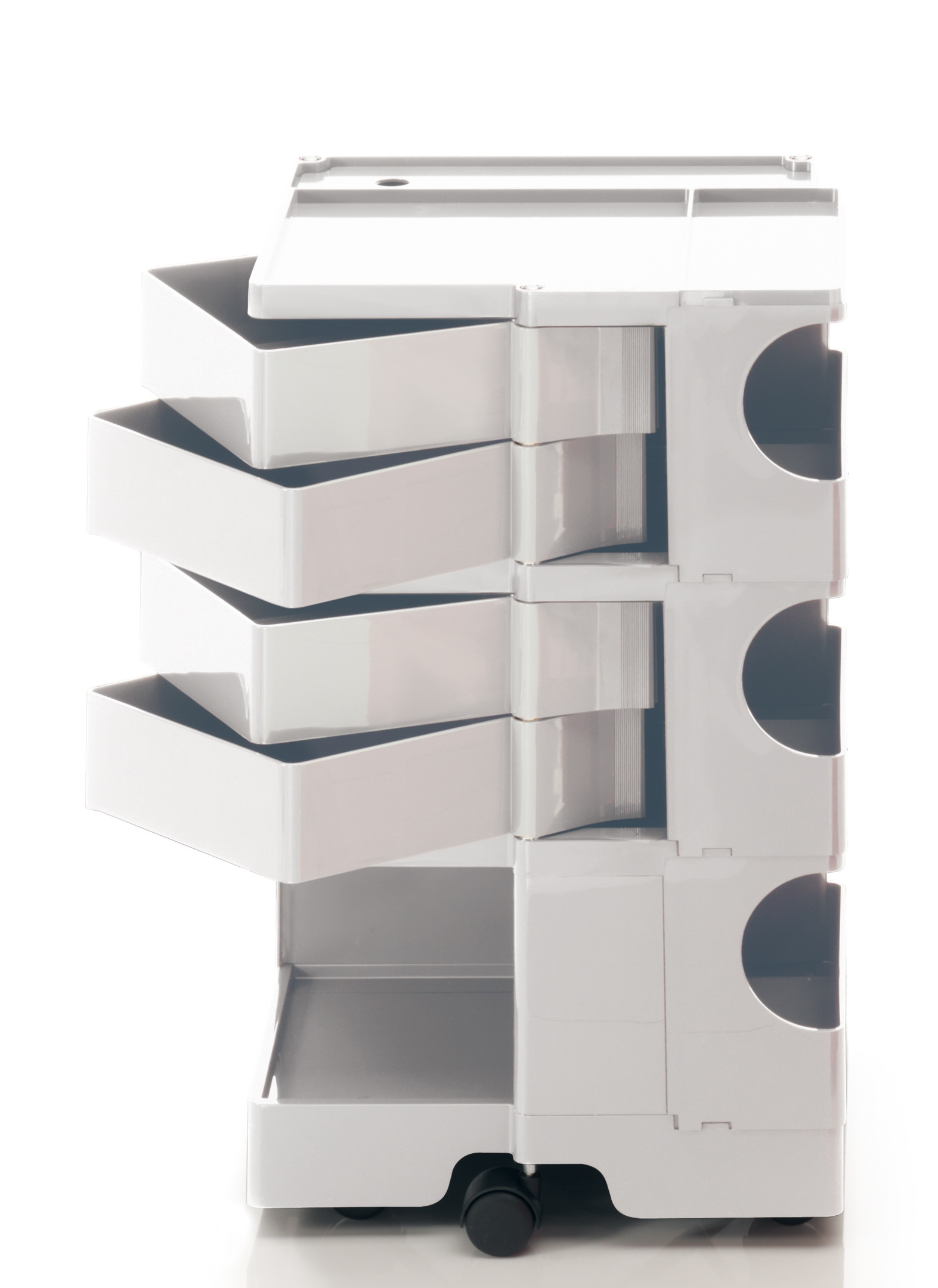 Weißer Boby Rollcontainer mit Schubladen und Fächern, ideal für Büro und Arbeitszimmer.