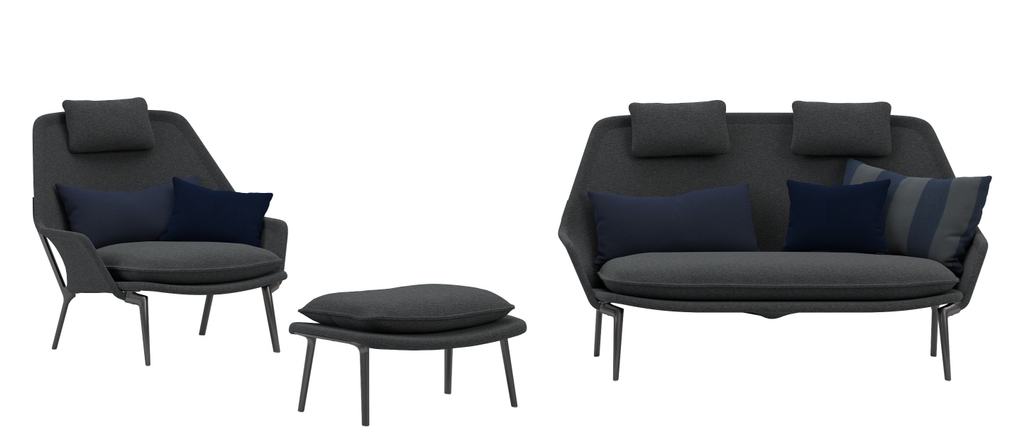 Graues Slow Sofa von Vitra mit Sessel, Hocker und blauen Kissen für Wohnzimmer und Lounge.