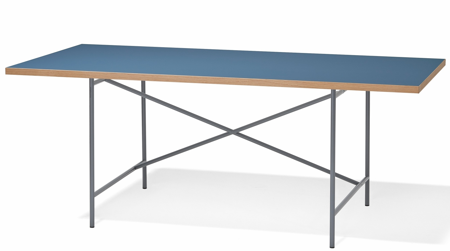 Eiermann Tisch mit blauer Tischplatte und grauem Stahlgestell von Richard Lampert für Büro und Zuhause.