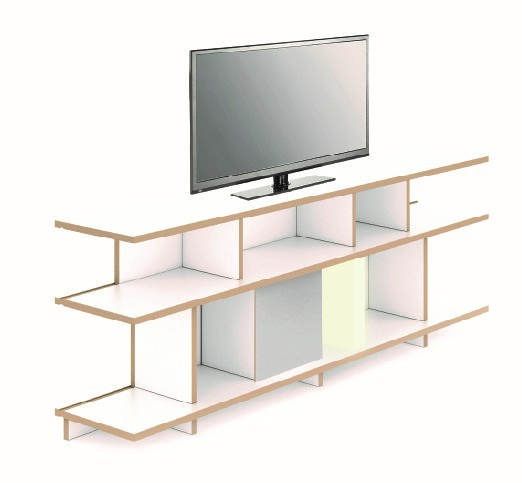 Tojo Stell Regal Grundmodul, weißes TV-Lowboard mit Fächern und Fernseher, modernes Wohnzimmerregal.