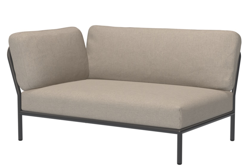 Houe Level Outdoor Sofa Ecke links, modernes Gartensofa mit beigen Polstern und dunklem Metallgestell.