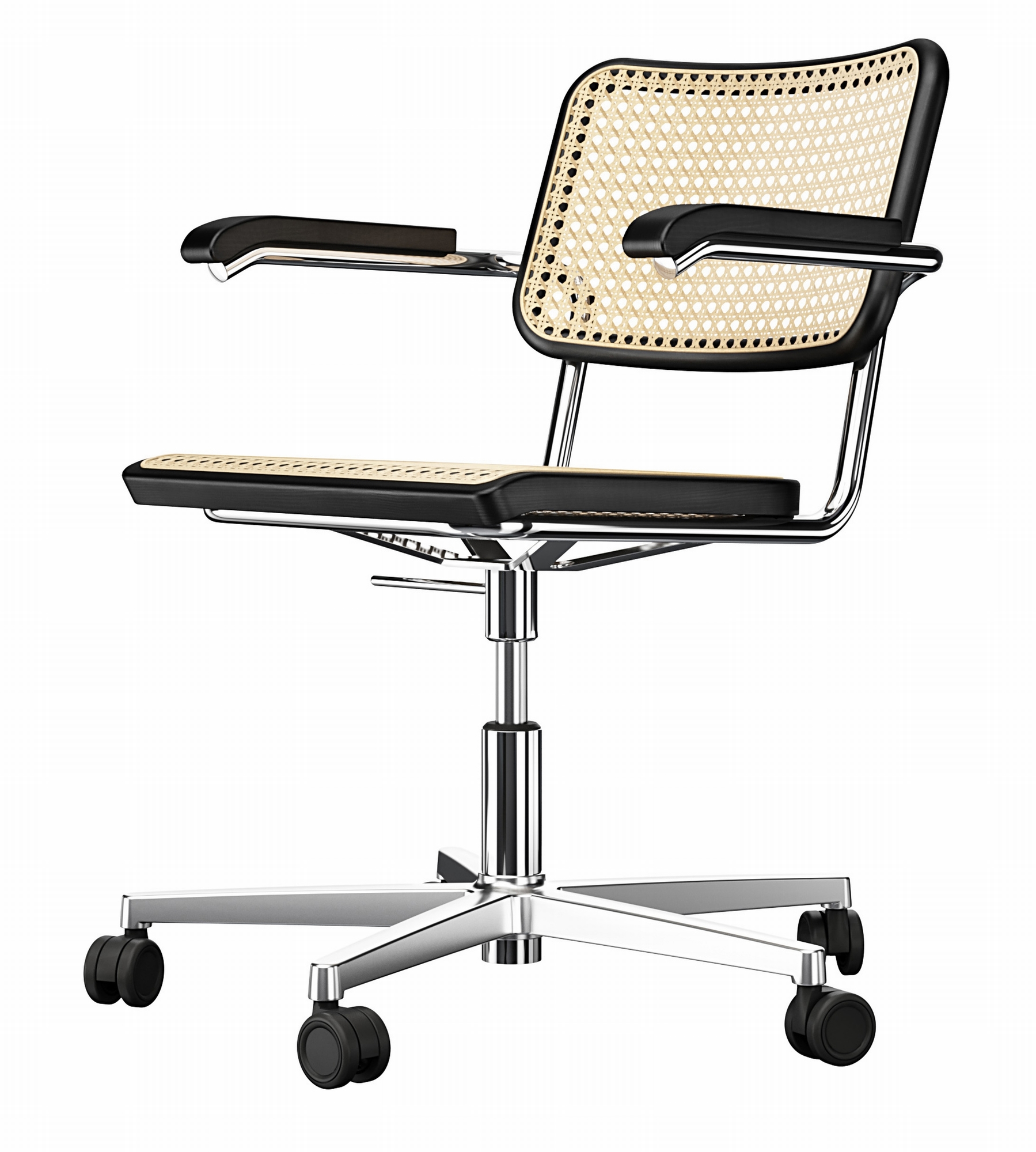 S 64 VDR Thonet Drehstuhl mit Armlehnen und Wiener Geflecht, Chromgestell, ergonomischer Bürostuhl.