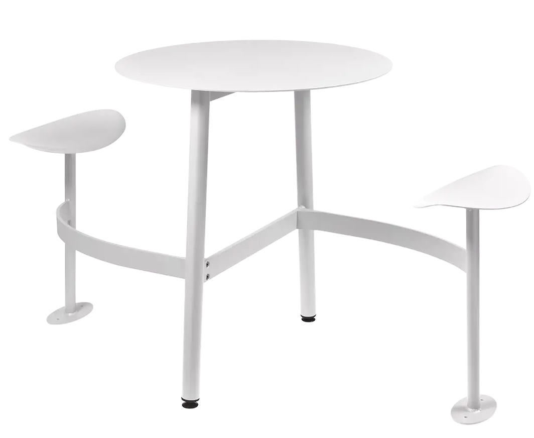 Weißer Bolder 2-Sitzer-Tisch von Fermob für den Außenbereich, runder Tisch mit zwei integrierten Sitzflächen.