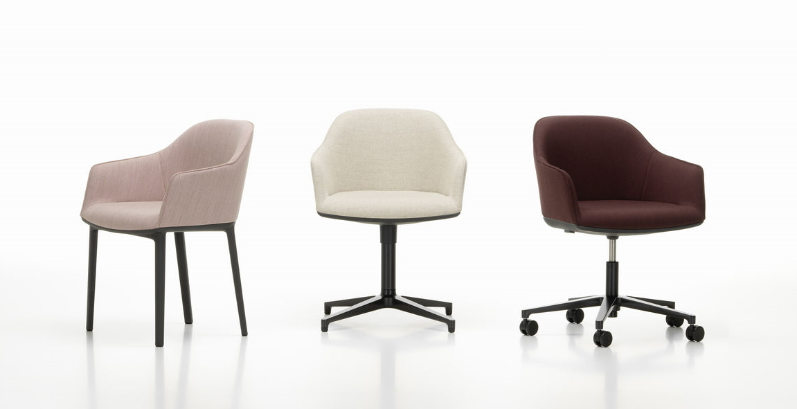 Vitra Softshell Chair: Drei Bürostühle in Rosa, Beige und Weinrot mit unterschiedlichen Untergestellen.