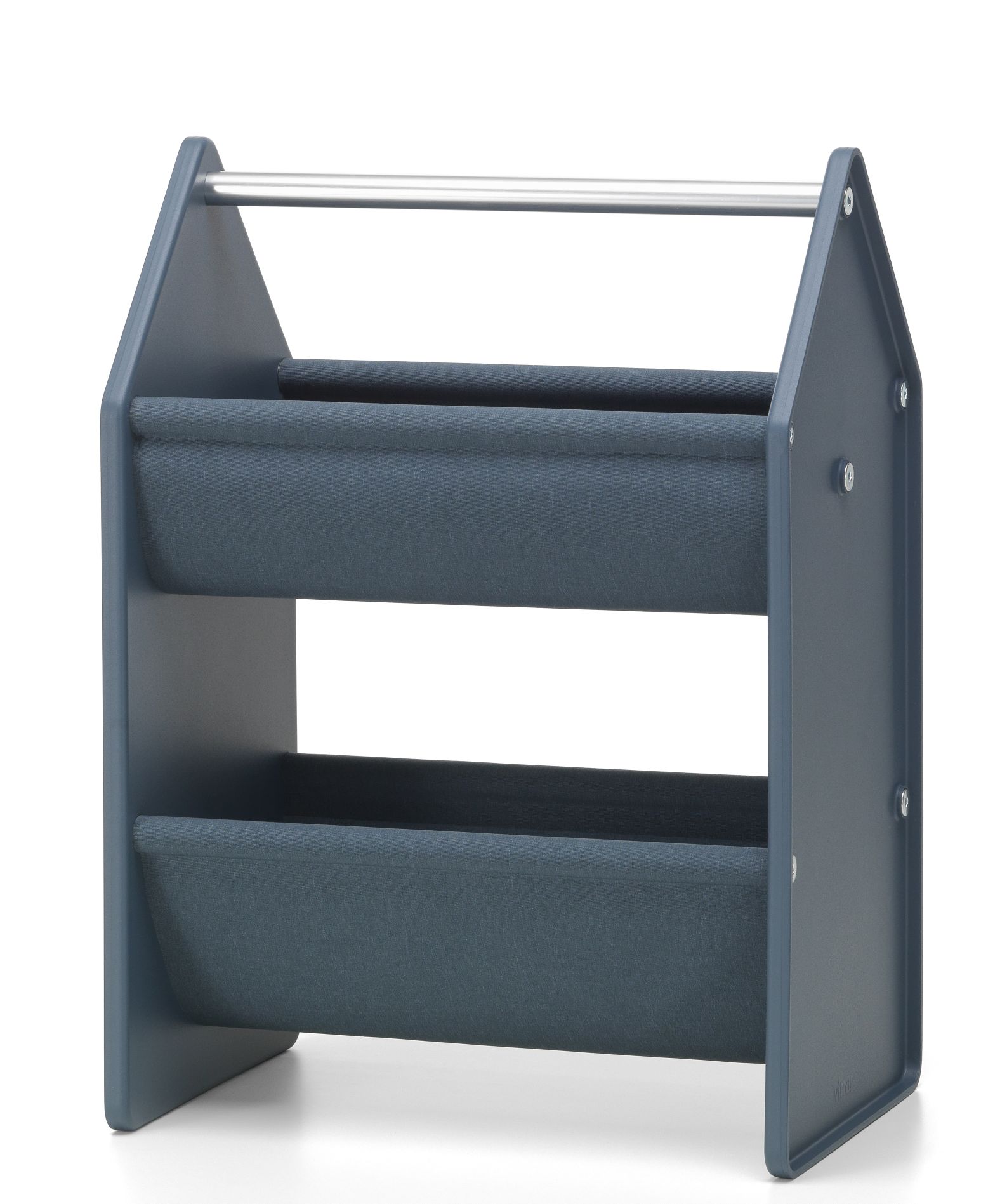 Vitra Drop Box Aufbewahrungsbox in Blau mit zwei Stofffächern und Metallgriff.