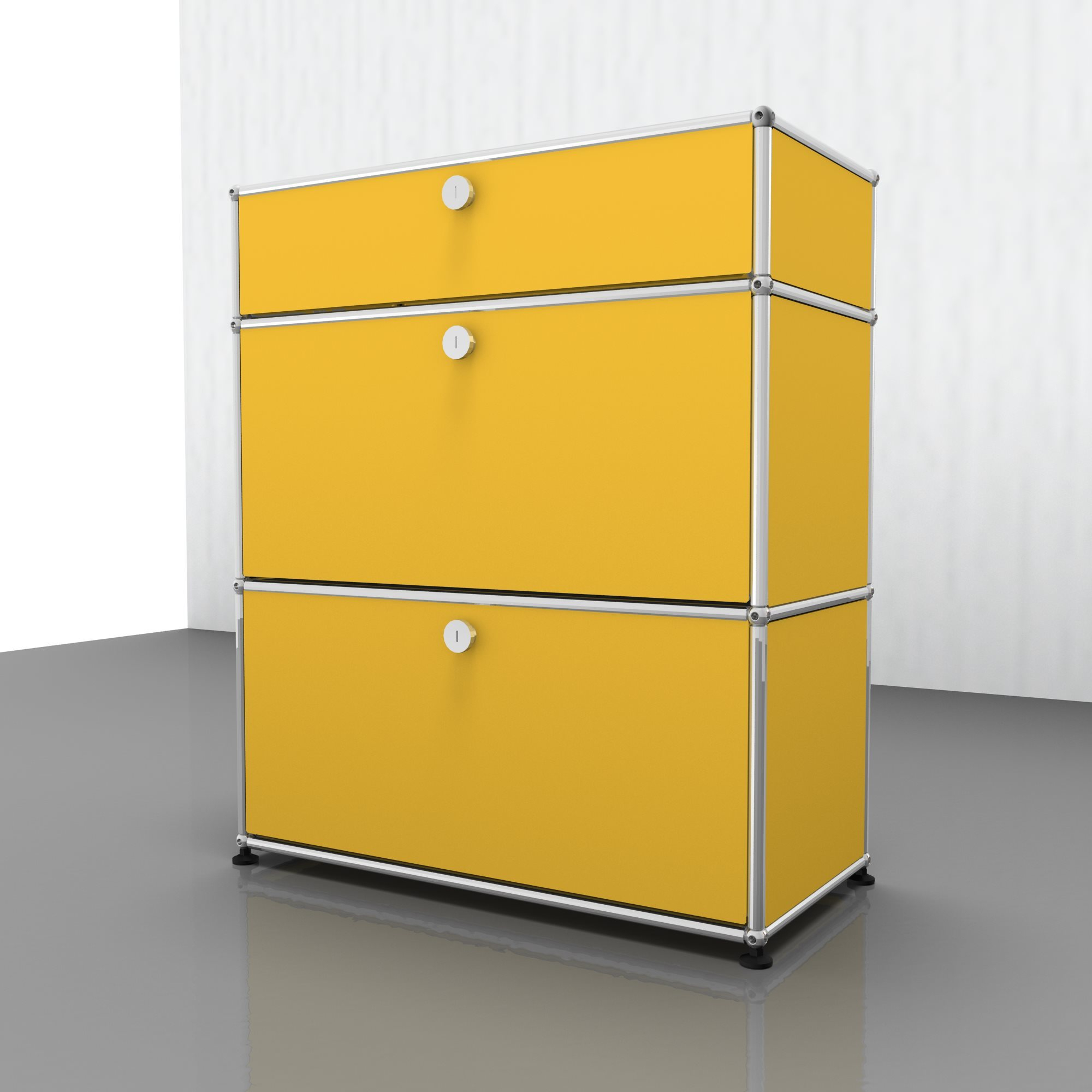 USM Haller Highboard in Rubinrot mit zwei Klappen, modernes Designmöbel für stilvolle Wohnraumgestaltung.