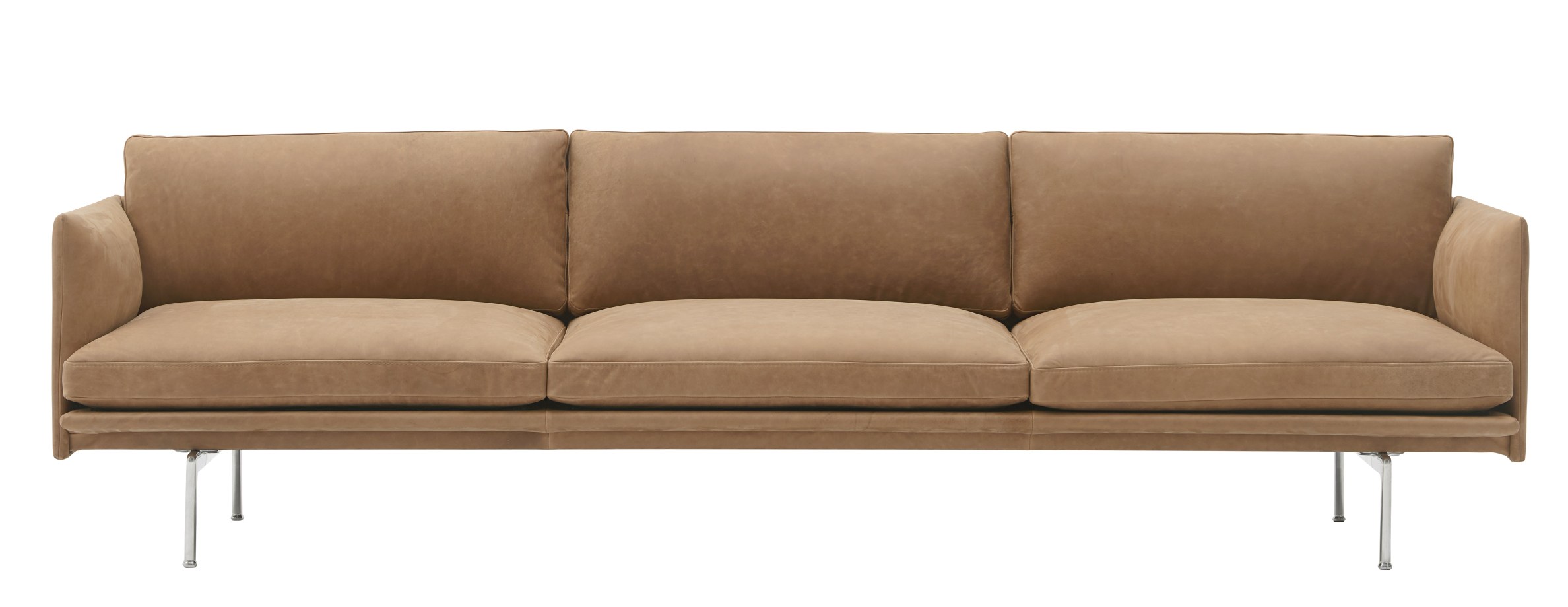 Muuto Outline Sofa, 3-Sitzer, hellbraunes Leder, modernes Design Sofa mit Stahlbeinen für Wohnzimmer.