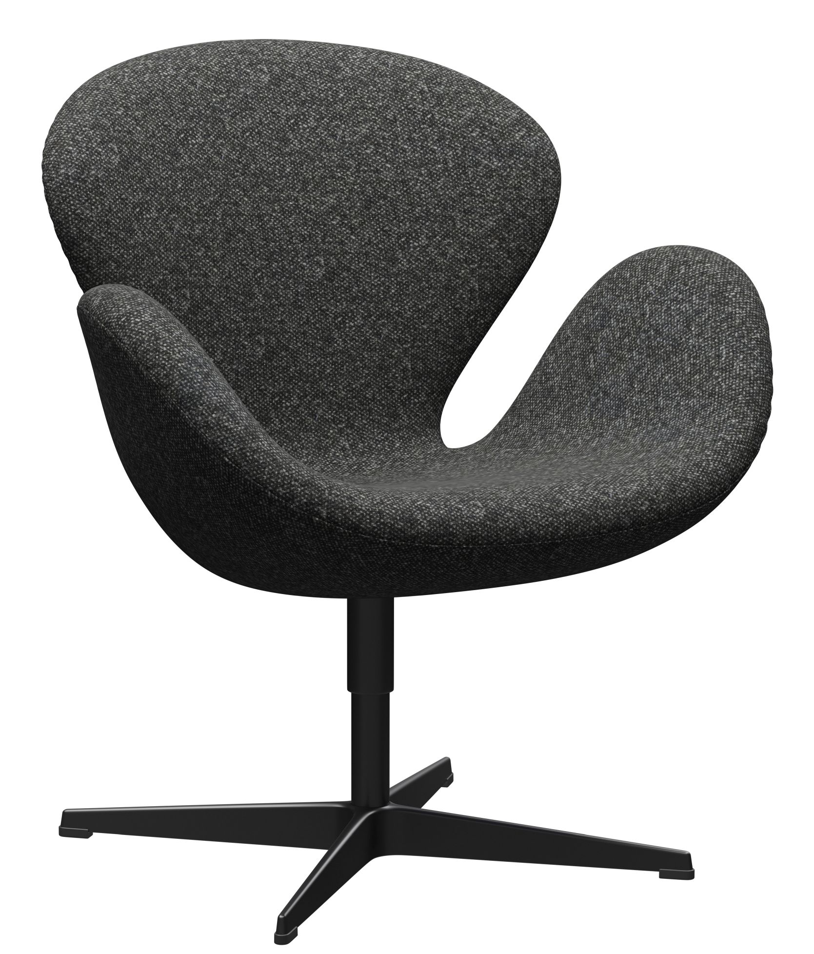 Grauer Swan Sessel mit Stoffbezug und schwarzem Fußkreuz, Designklassiker für Wohnzimmer und Büro.