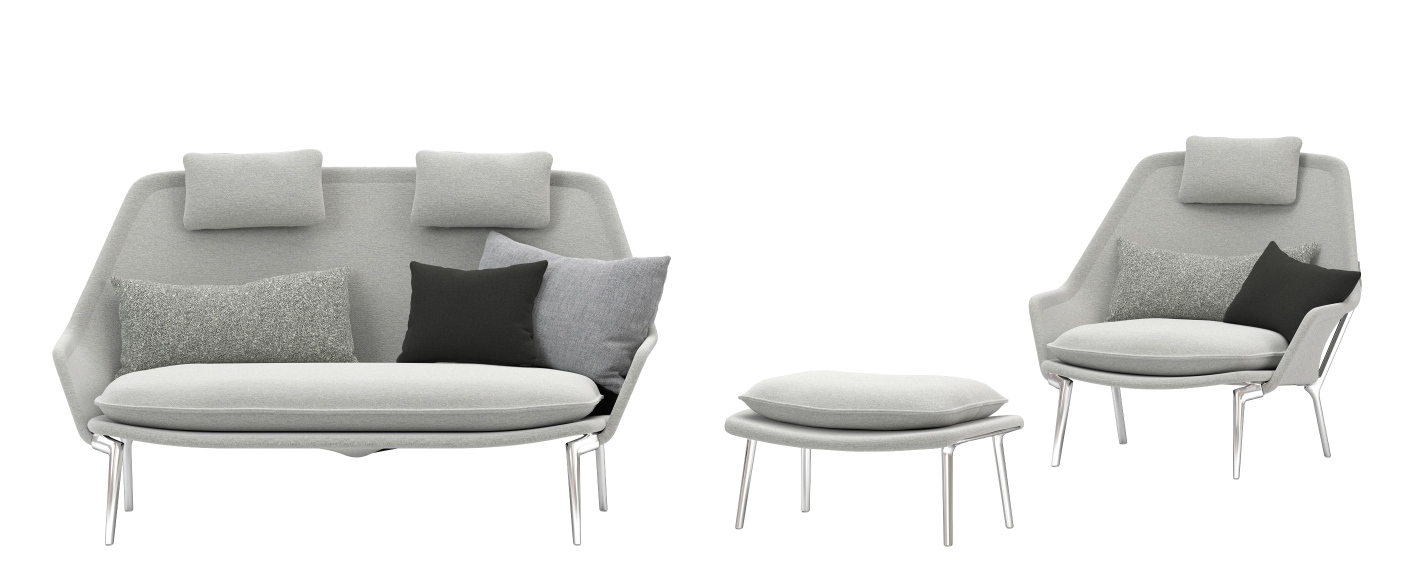 Vitra Slow Sofa aus Stoff, Sessel und Hocker in Hellgrau mit Kissen.