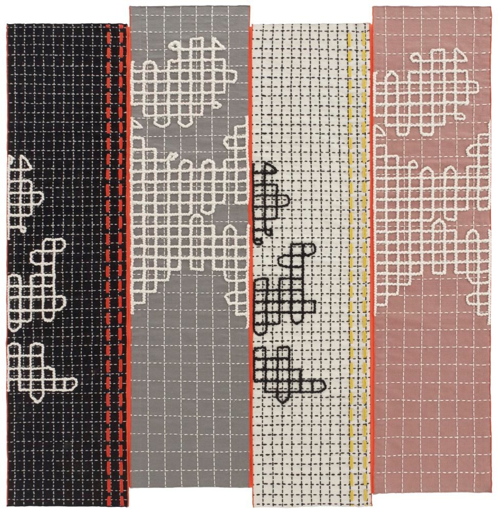 Detailansicht des GAN-Teppichs "Banda", ein moderner Designerteppich mit grafischem Muster in verschiedenen Farben.