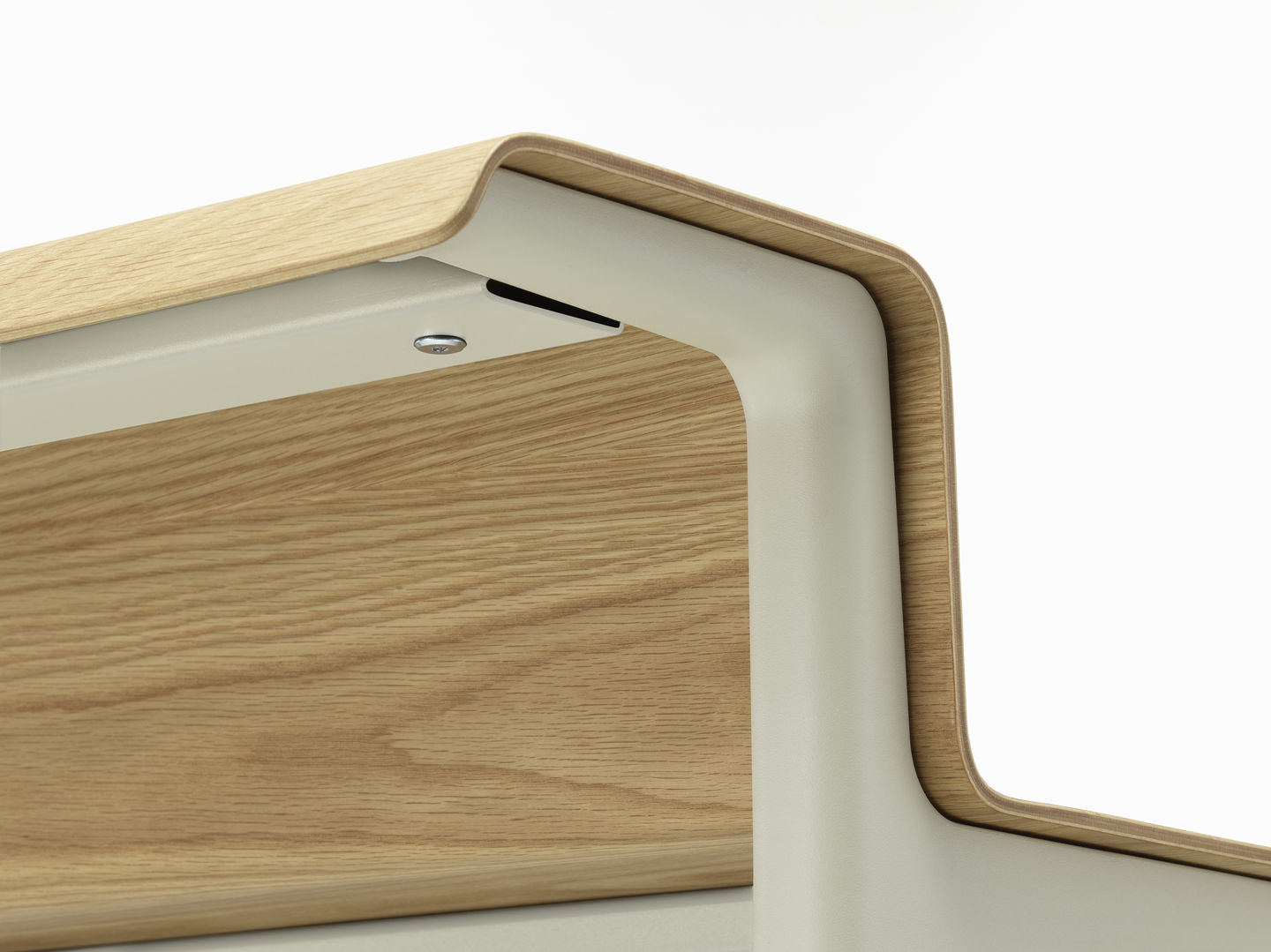Detailaufnahme vom Vitra Courier Schreibtisch: Helles Holzfurnier mit weißem Metallgestell, modernes Design für Büro und Arbeitszimmer.
