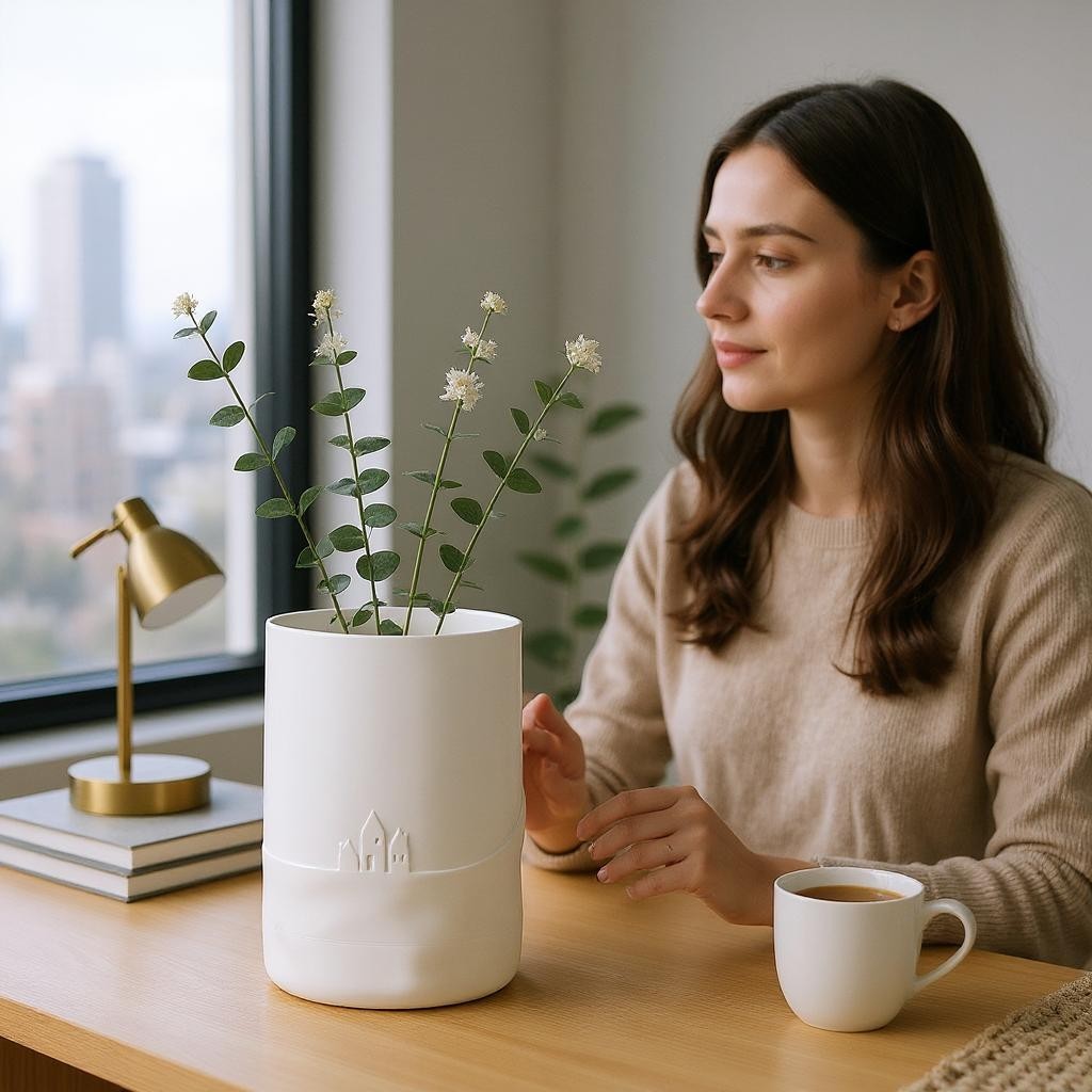 Frau betrachtet weiße Schneetag Vase mit Häusern, Blumen auf einem Holztisch mit Kaffeetasse.