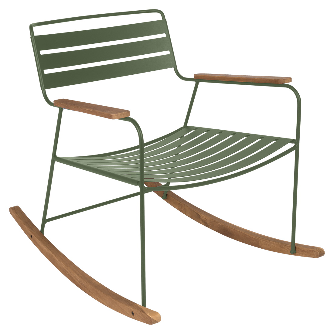 Fermob Surprising Schaukelstuhl für den Garten, olivgrünes Metallgestell mit Armlehnen und Kufen aus Holz.