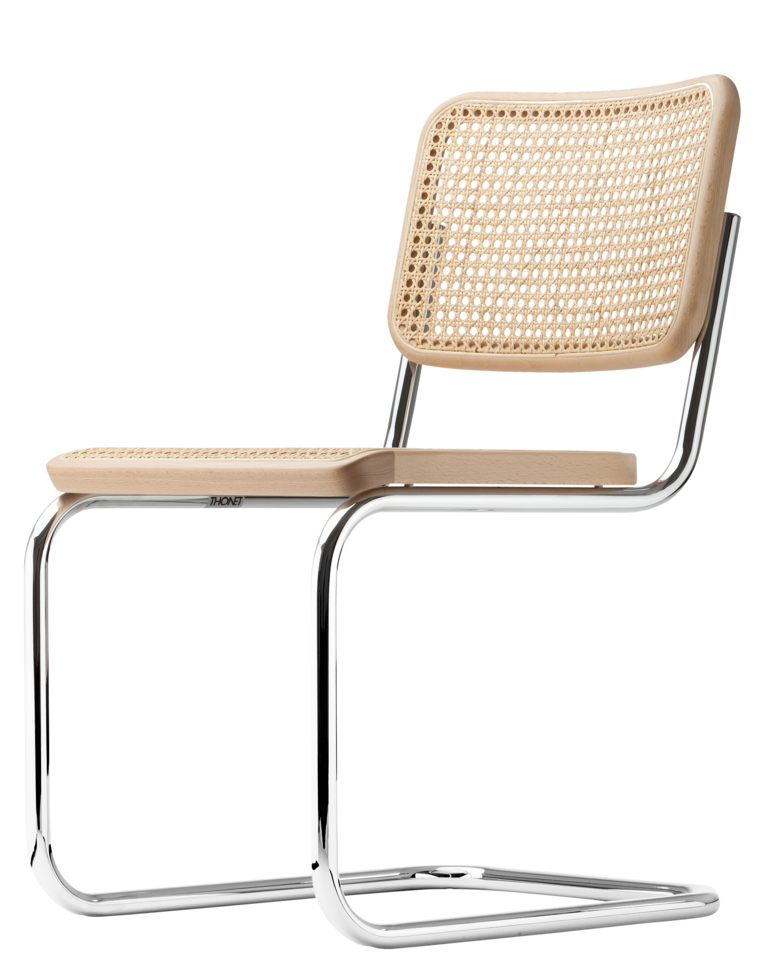 S 32 V Thonet Freischwinger Stuhl mit Stahlrohrgestell und Wiener Geflecht, Seitenansicht. Klassisches Designmöbel für Esszimmer und Wohnbereich.
