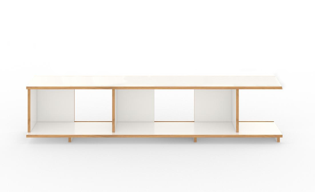 Stell Regal Grundmodul 160 Tojo: Modernes, weißes Regal mit Holzrahmen und vier Fächern.