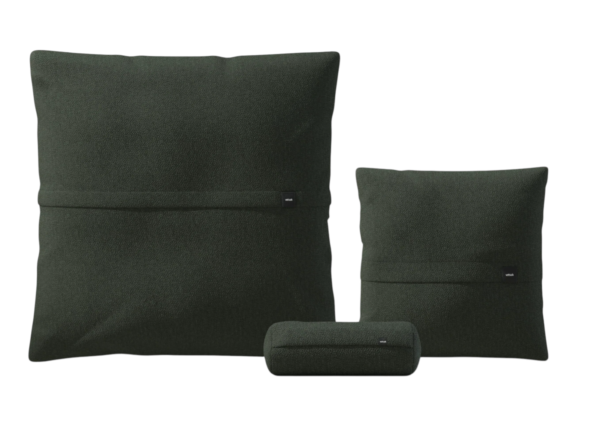 Vetsak Pillow Set: 3-teiliges Kissen-Set in Dunkelgrün, bestehend aus zwei Kissen und einer Nackenrolle.
