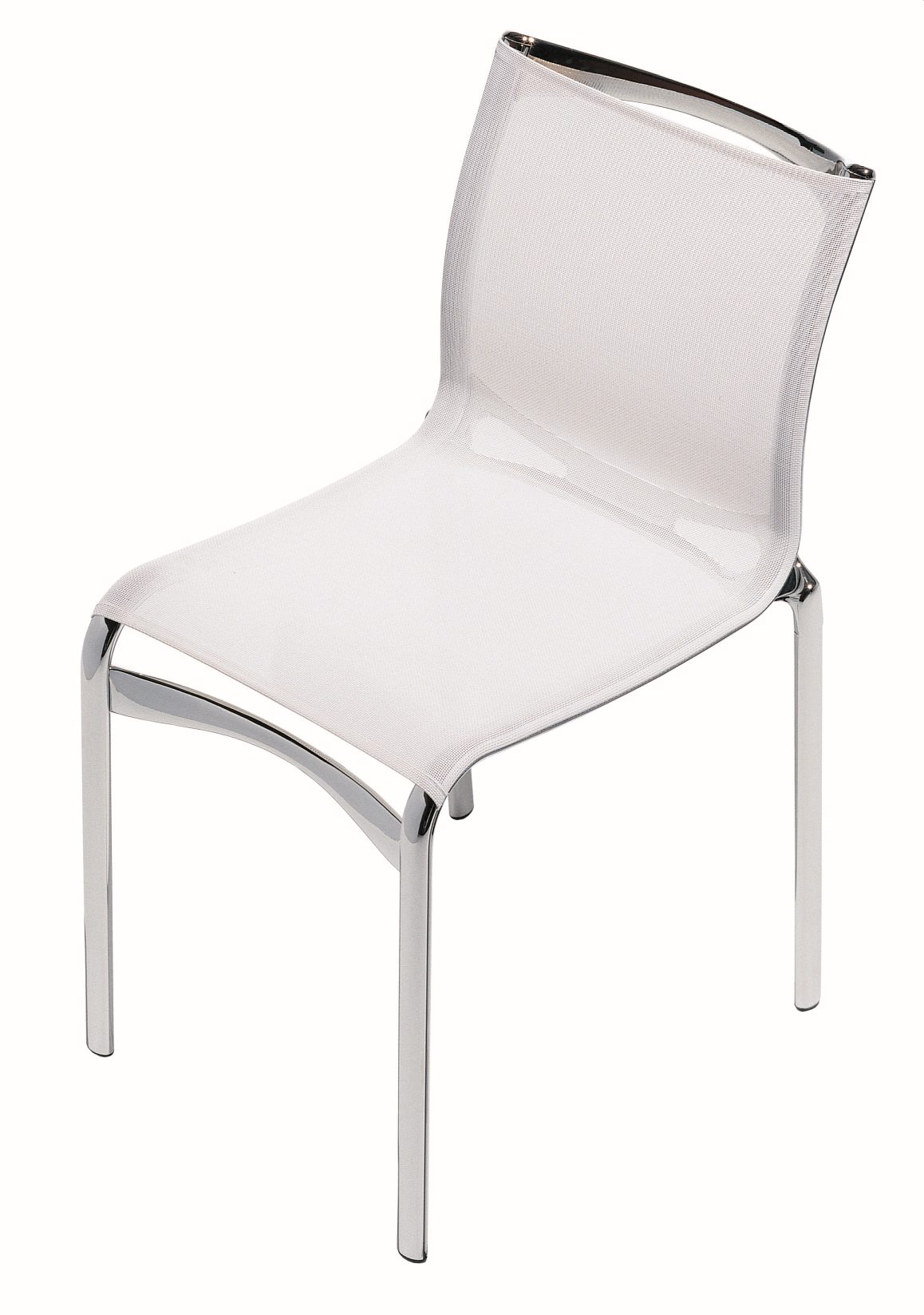 Highframe Stuhl mit weißem Netzbezug und verchromtem Gestell, moderner Design Stuhl.
