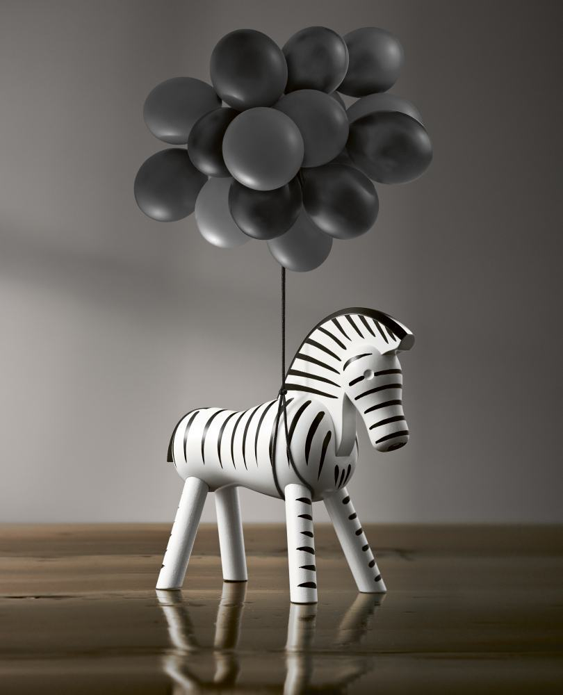 Kay Bojesen Zebra Holzfigur mit schwarzen Ballons, dekoratives Holzspielzeug für Kinder und Sammler.