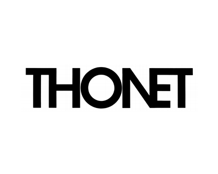 Schwarzes Thonet Logo auf weißem Hintergrund. Möbeldesign von Thonet, hochwertige Stühle und Tische.