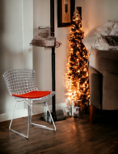 Bertoia Stuhl mit rotem Sitzkissen von Knoll International, Drahtstuhl Designklassiker für Wohnzimmer.