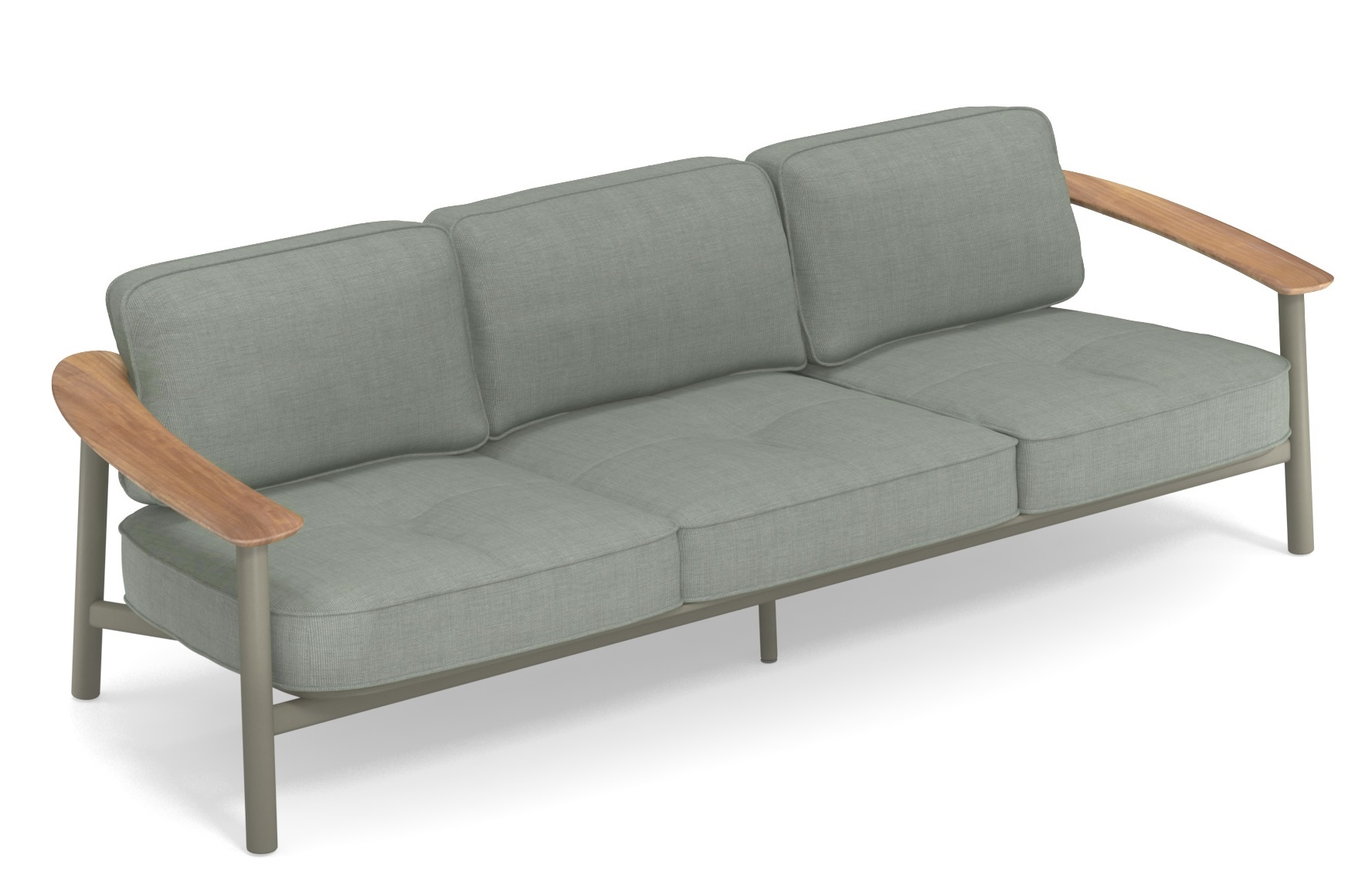 Graues Twins Sofa Outdoor von Emu mit Holzarmlehnen, modernes Design für Garten und Terrasse.
