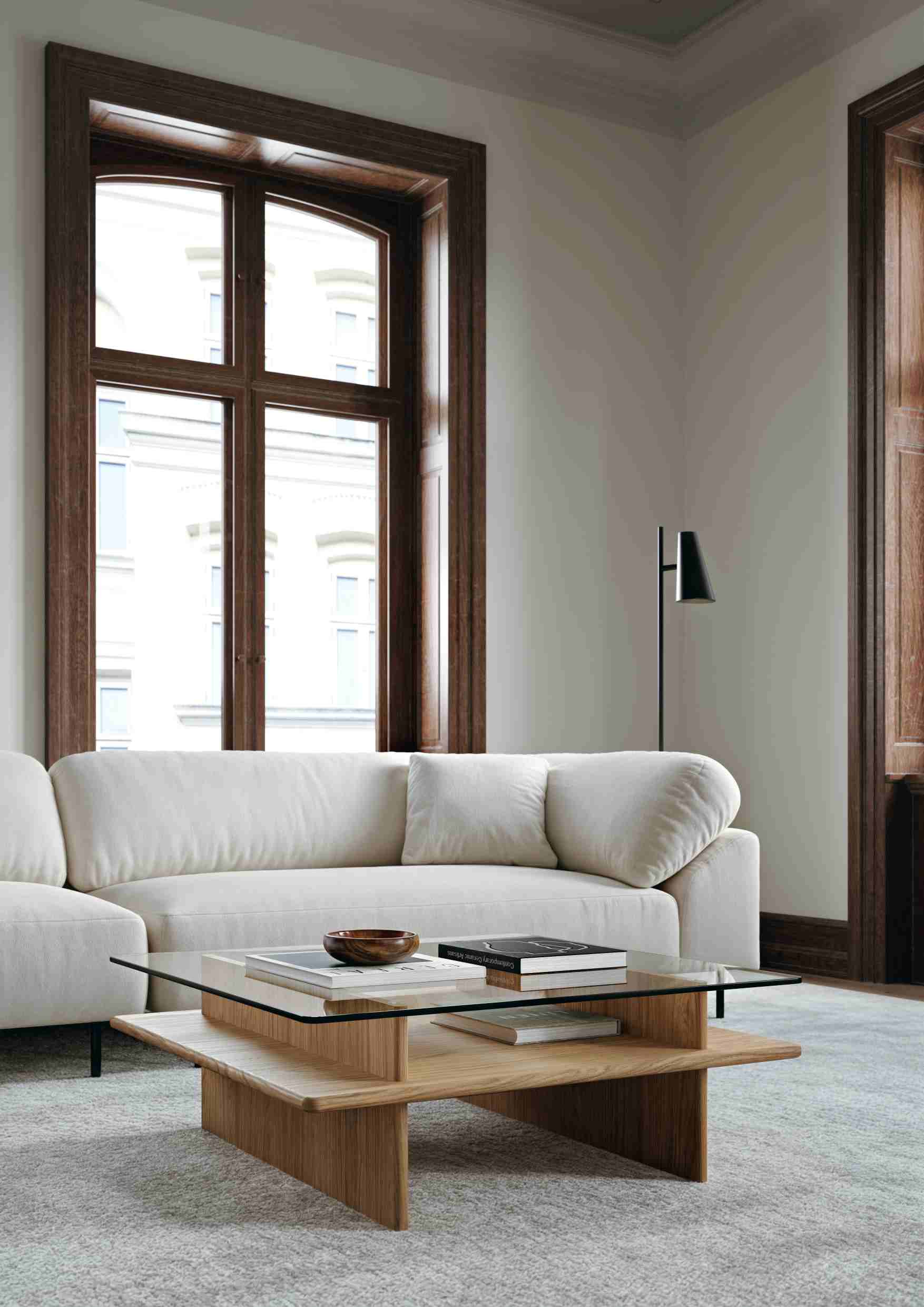 Woud Parallel Coffee Table Couchtisch 90x90 cm aus Holz und Glas im Wohnzimmer.
