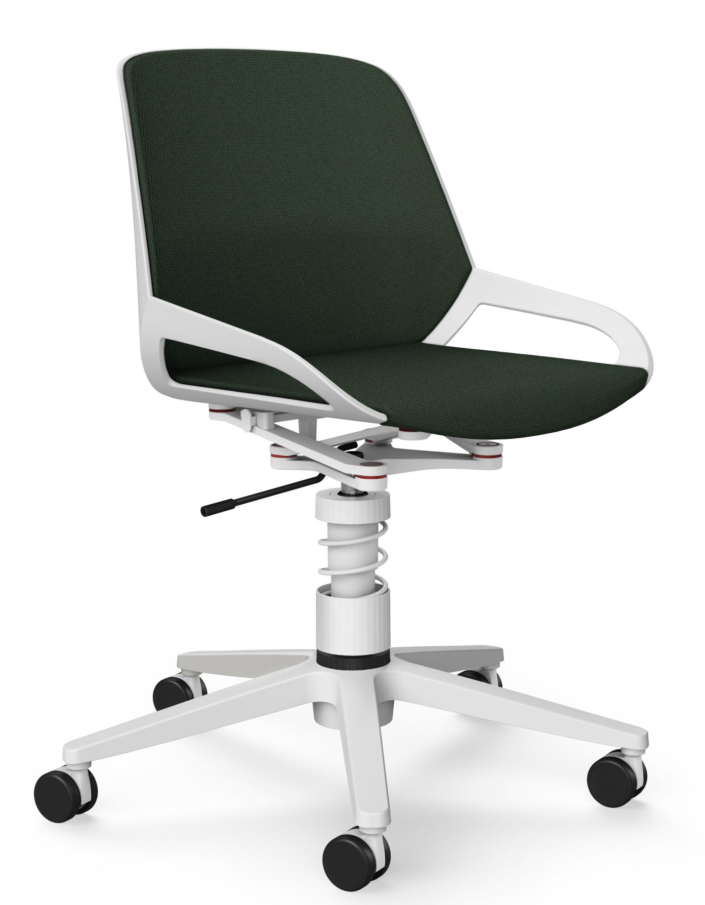 Numo Task Bürodrehstuhl von Aeris mit grünem Stoffbezug, weißem Gestell, Federbein und Rollen für ergonomisches Sitzen.