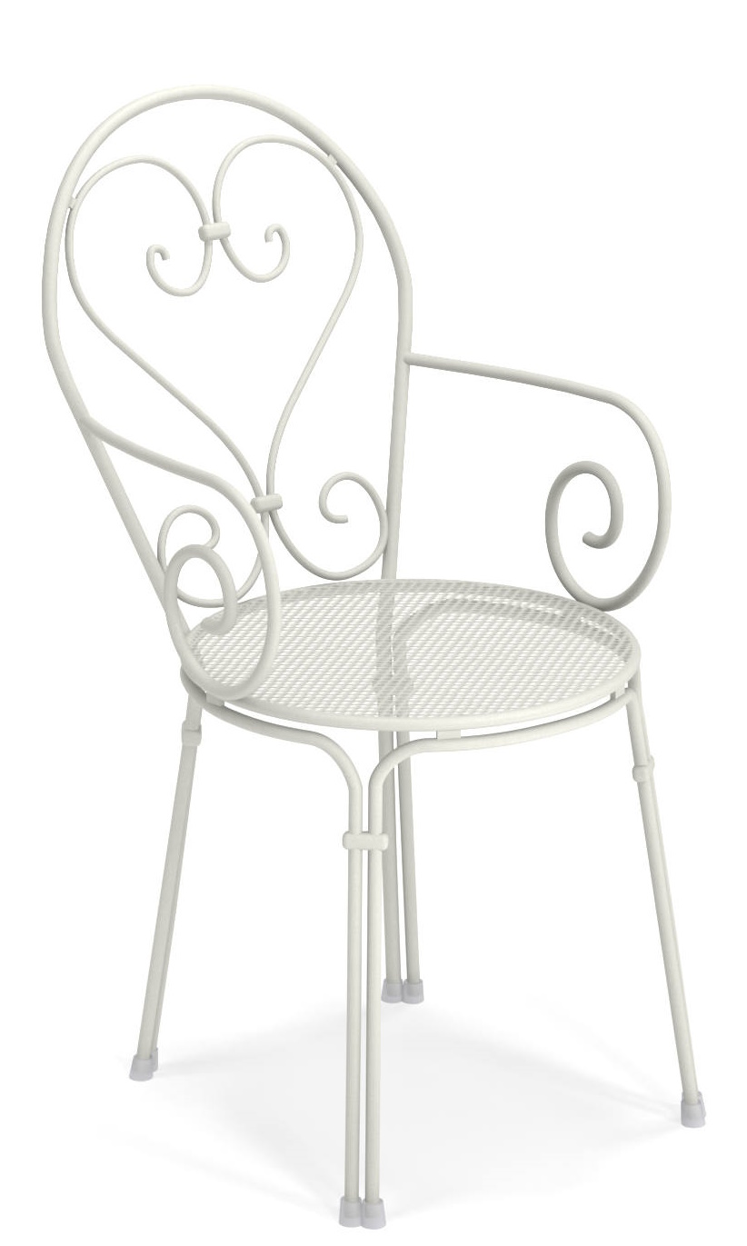 Pigalle Stuhl Outdoor Emu, weißer Metall Gartenstuhl mit Armlehne und filigranem Design.