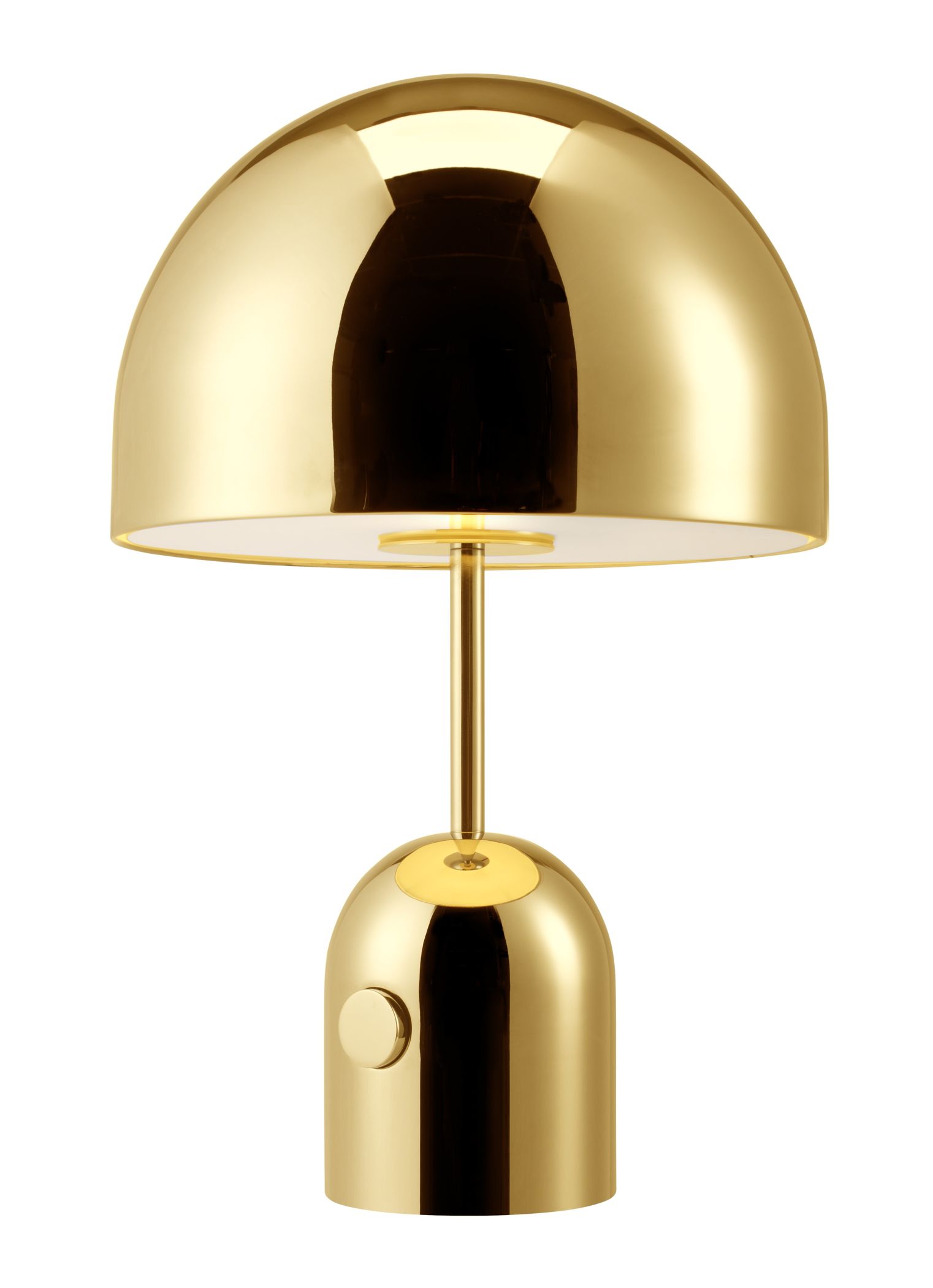 Nahaufnahme der Bell Tischleuchte LED von Tom Dixon in glänzendem Messing.