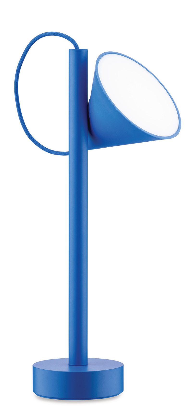 Blaue Tsumiki Akku Leuchte von Alessi: Tragbare Tischleuchte mit LED-Licht und Ladekabel für den Innenbereich.