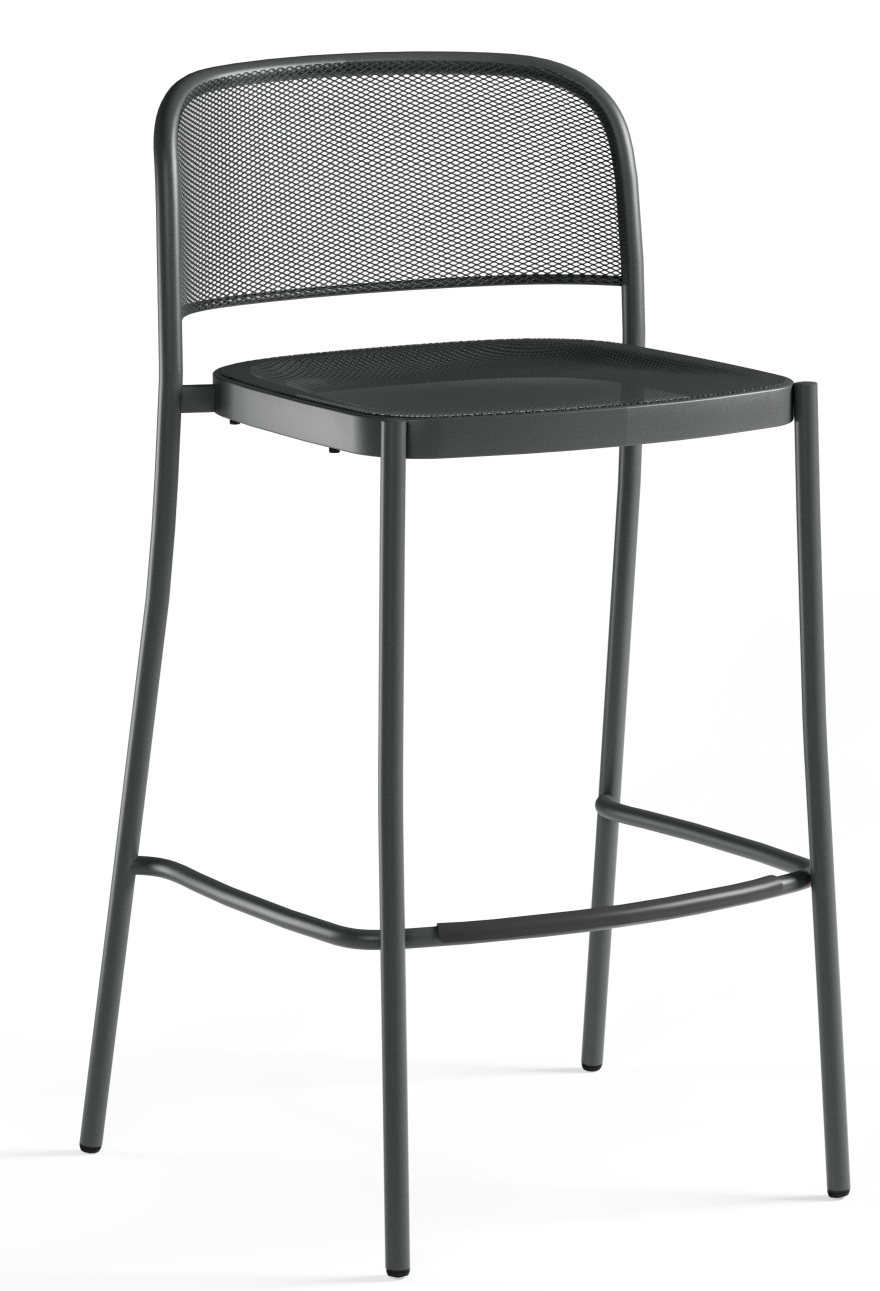Café Barstool von Emu, ein grauer, moderner Outdoor Barhocker aus Metall mit Rückenlehne.
