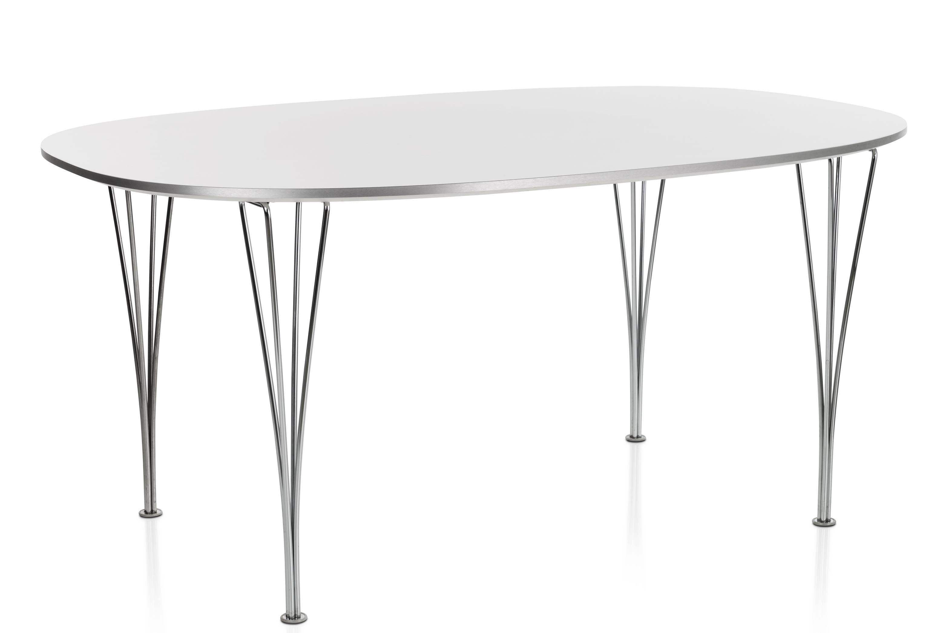 Fritz Hansen Super Elliptisch Tisch mit weißer Tischplatte und verchromten Stahlbeinen.