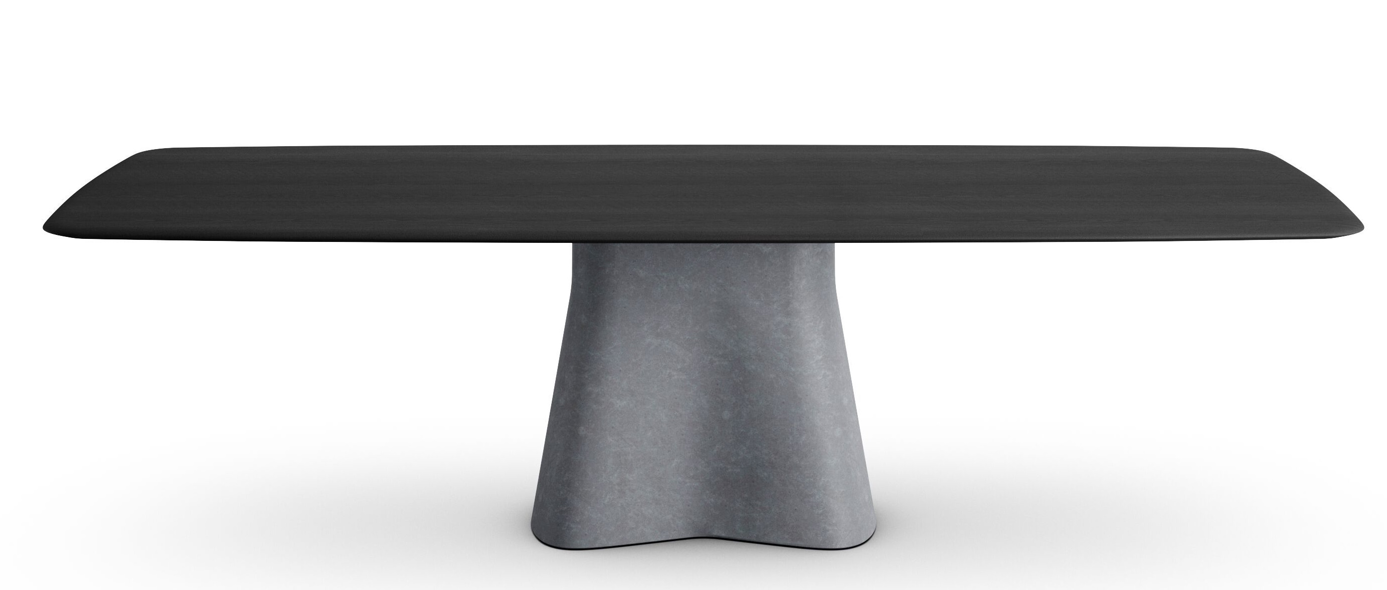 Temno Esstisch von Walter Knoll mit dunkler Tischplatte und grauem, massivem Betongestell.