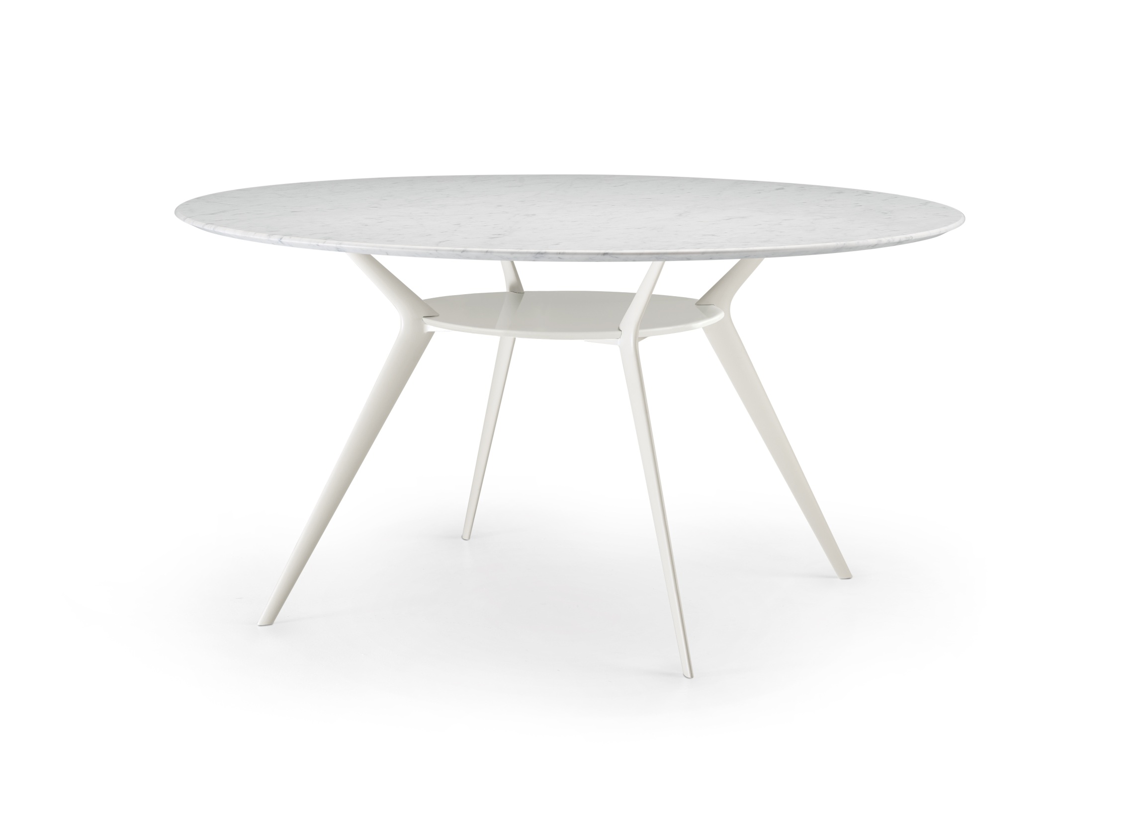Biplane Tisch Alias mit runder Marmorplatte und weißem, dreibeinigem Untergestell, modernes Design für Esszimmer.