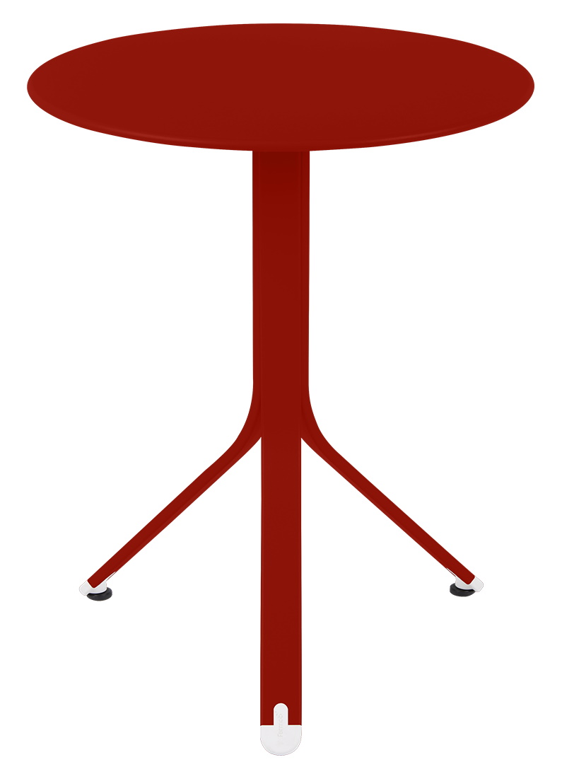 Roter Rest´O Outdoor Tisch von Fermob: Moderner Gartentisch mit runder Tischplatte und dreibeinigem Gestell.