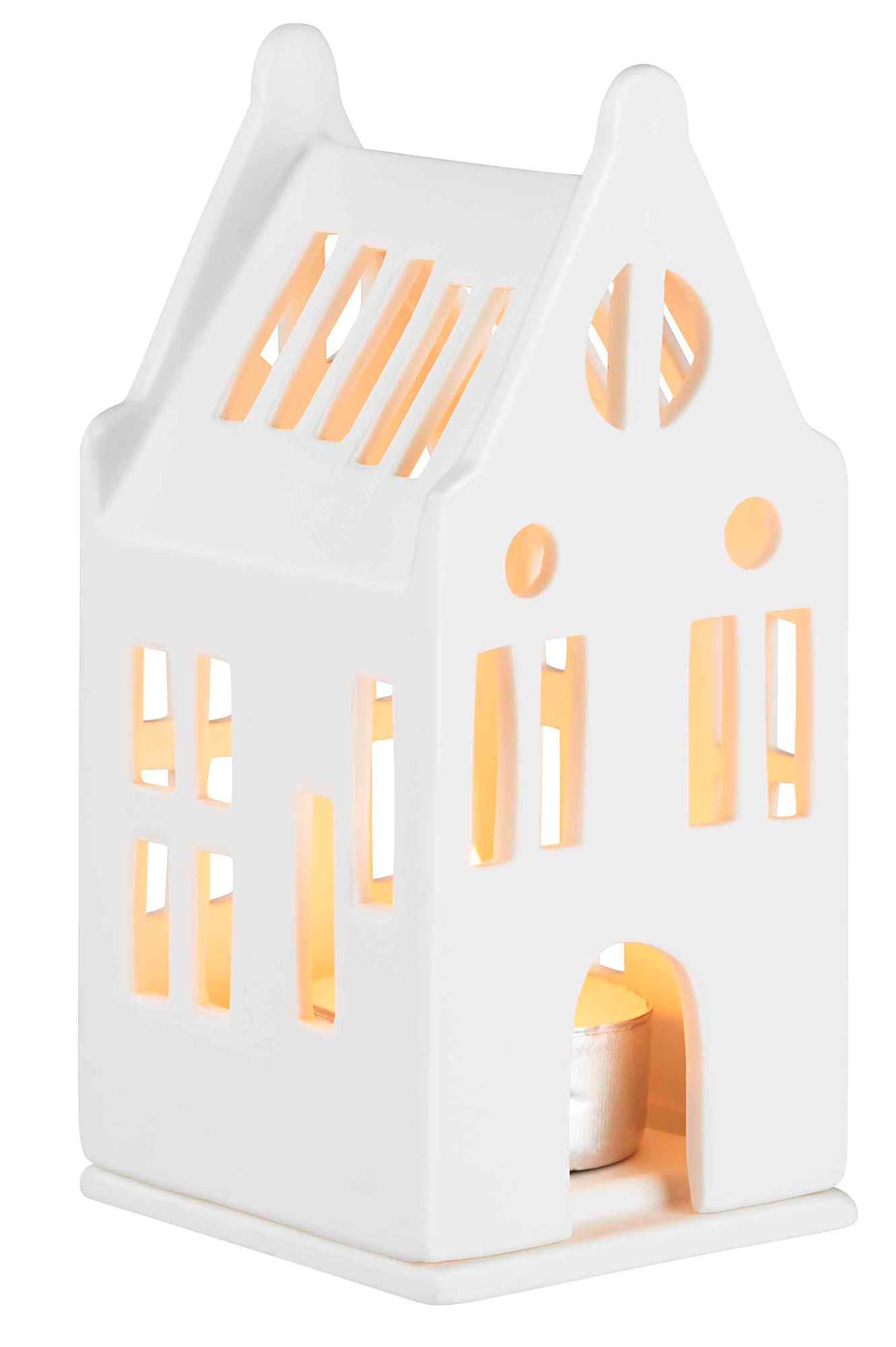 Weißes Mini Lichthaus Herrenhaus aus Keramik mit Teelicht für stimmungsvolle Beleuchtung im Zuhause.