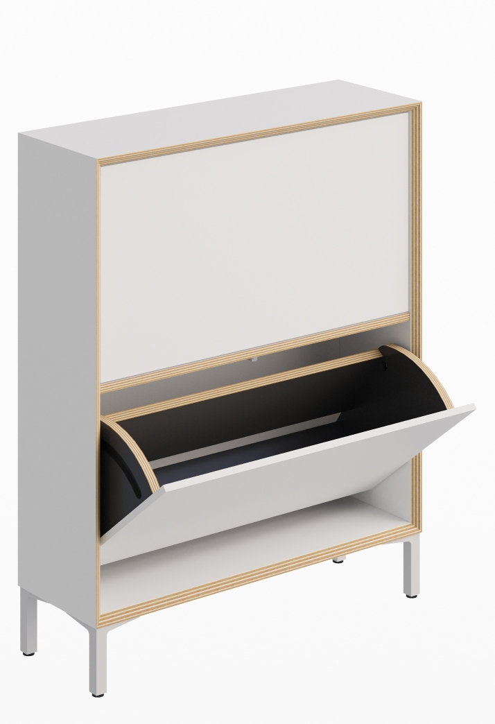 Weißer Vertiko Schuhschrank von Müller Möbelwerkstätten mit offener Klappe und minimalistischem Design für moderne Flure.