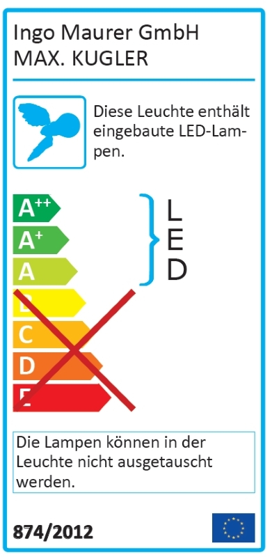 Energielabel der Max Kugler Tischleuchte von Ingo Maurer mit LED-Lampen.