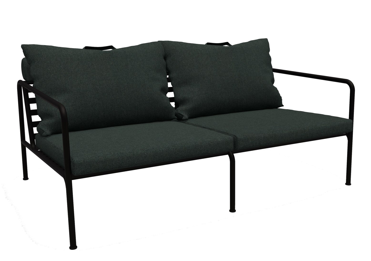 Avon 2-Sitzer Sofa von Houe für den Außenbereich mit dunklen Kissen und schwarzem Metallgestell.