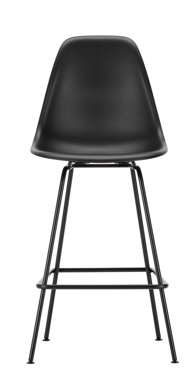 Schwarzer Eames Plastic Bar Stool von Vitra, ein moderner Hocker mit Kunststoffschale und Metallgestell.
