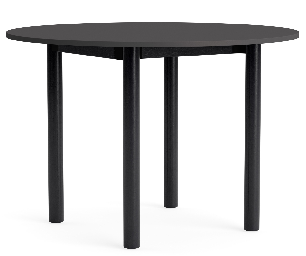 Annex Table Round Esstisch von Hay, runder Tisch mit schwarzer Tischplatte und vier zylindrischen Beinen.