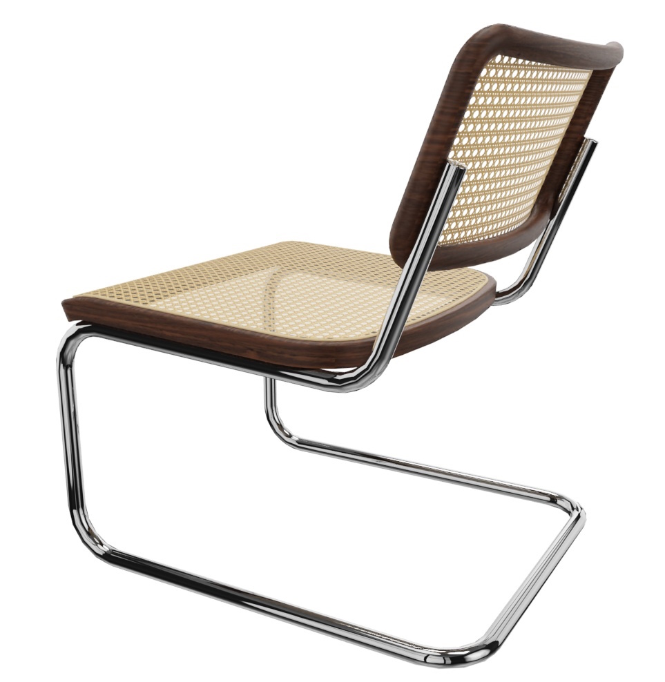 Thonet S 32 VL Lounge Chair Sessel mit Nussbaumholz und natürlichem Rohrgeflecht, seitliche Ansicht.